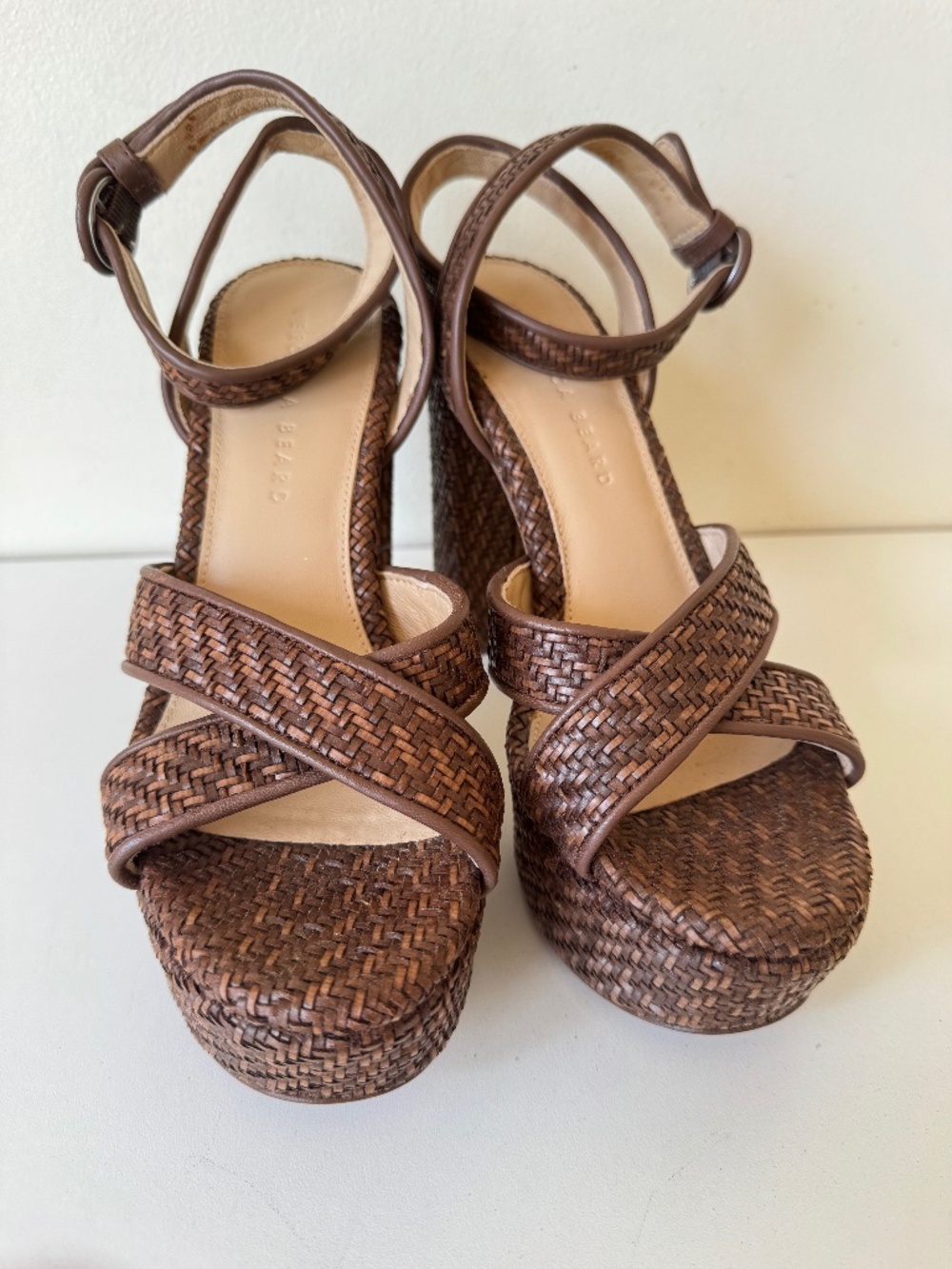 Veronica Beard Brown Woven Leather Platform Block Heel Sandals Size 7M